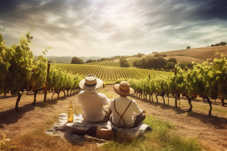 An idyllic, summer winery scene, featuring a gau couple picnic among the sun-kissed rows of grapevines, set against a picturesque, rolling countryside backdrop. Generative AI.